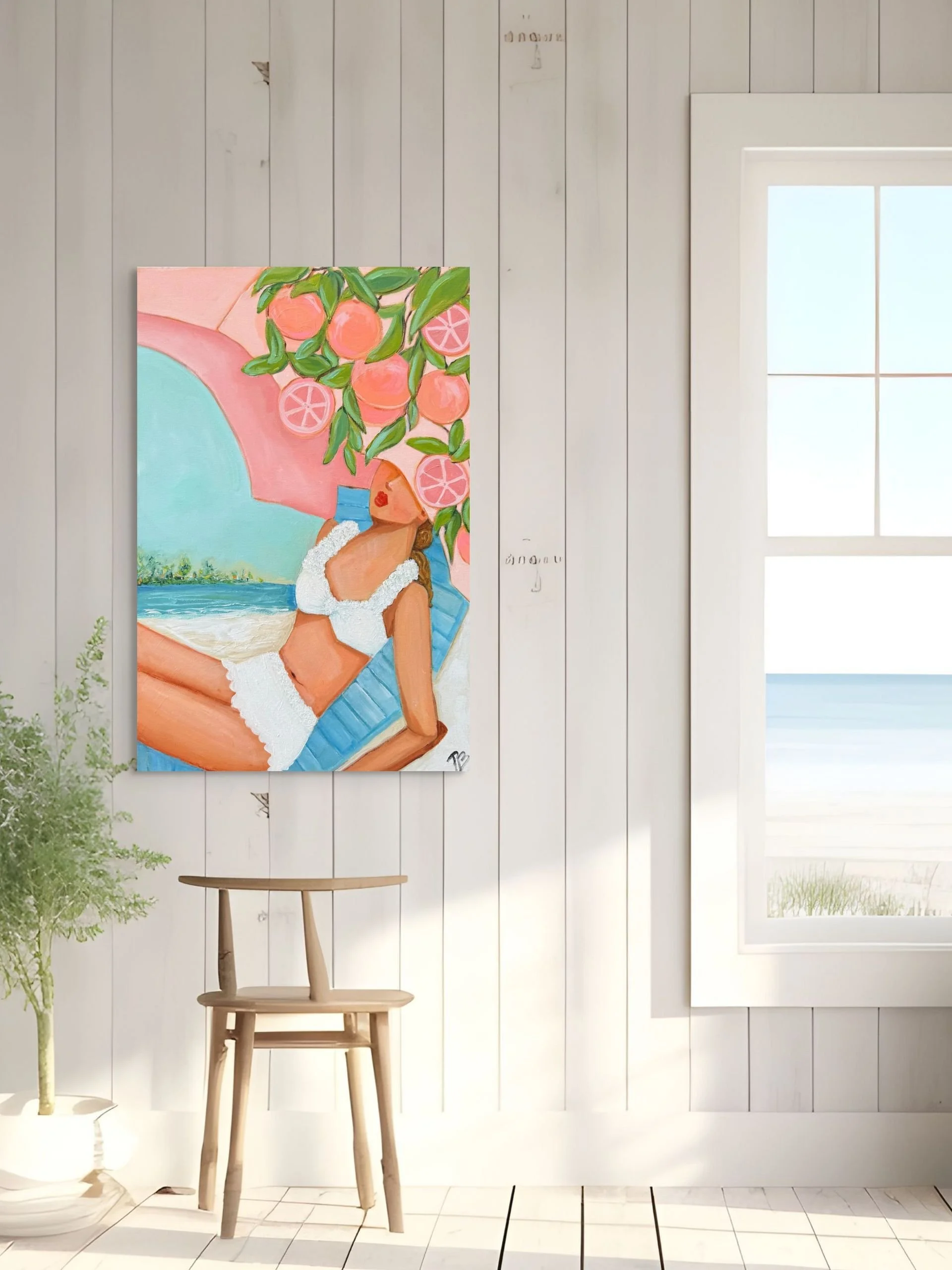Original Coastal Painting – Girl on Beach Under Umbrella